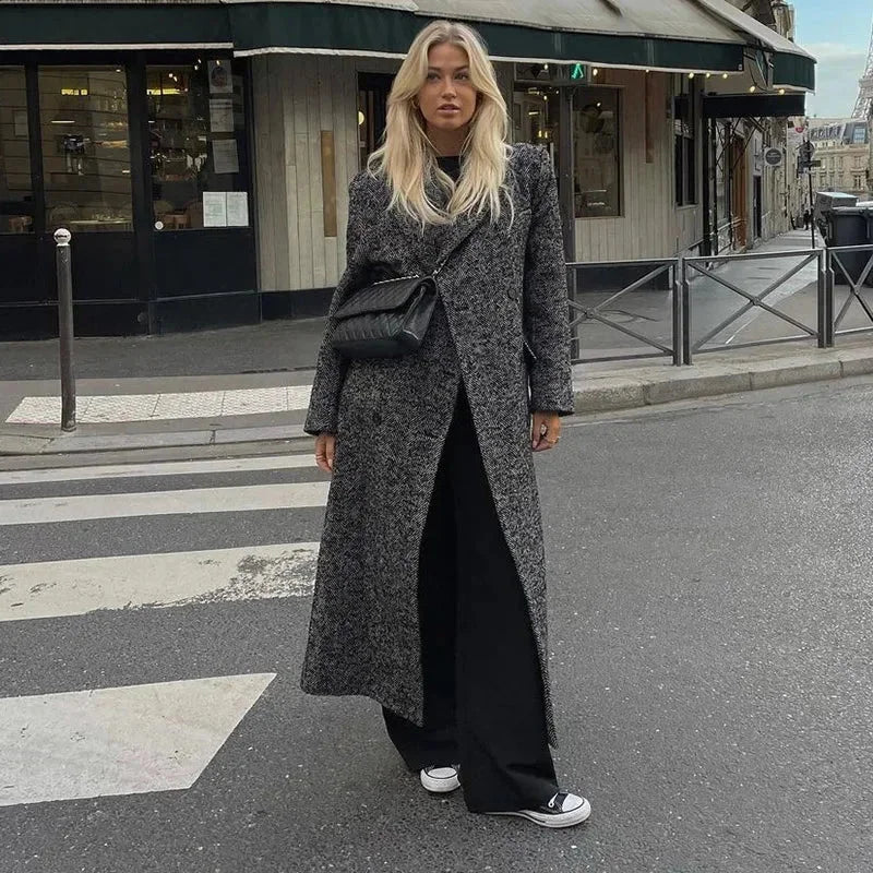 Jade | Manteau Long Femme Laine Chevrons Croisé