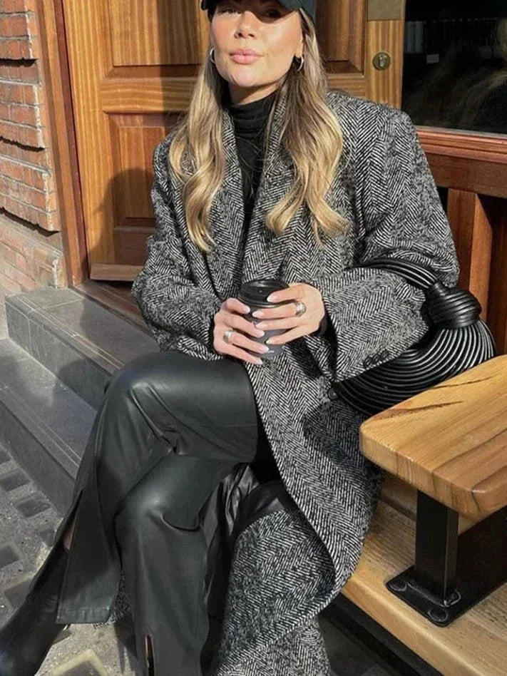 Jade | Manteau Long Femme Laine Chevrons Croisé