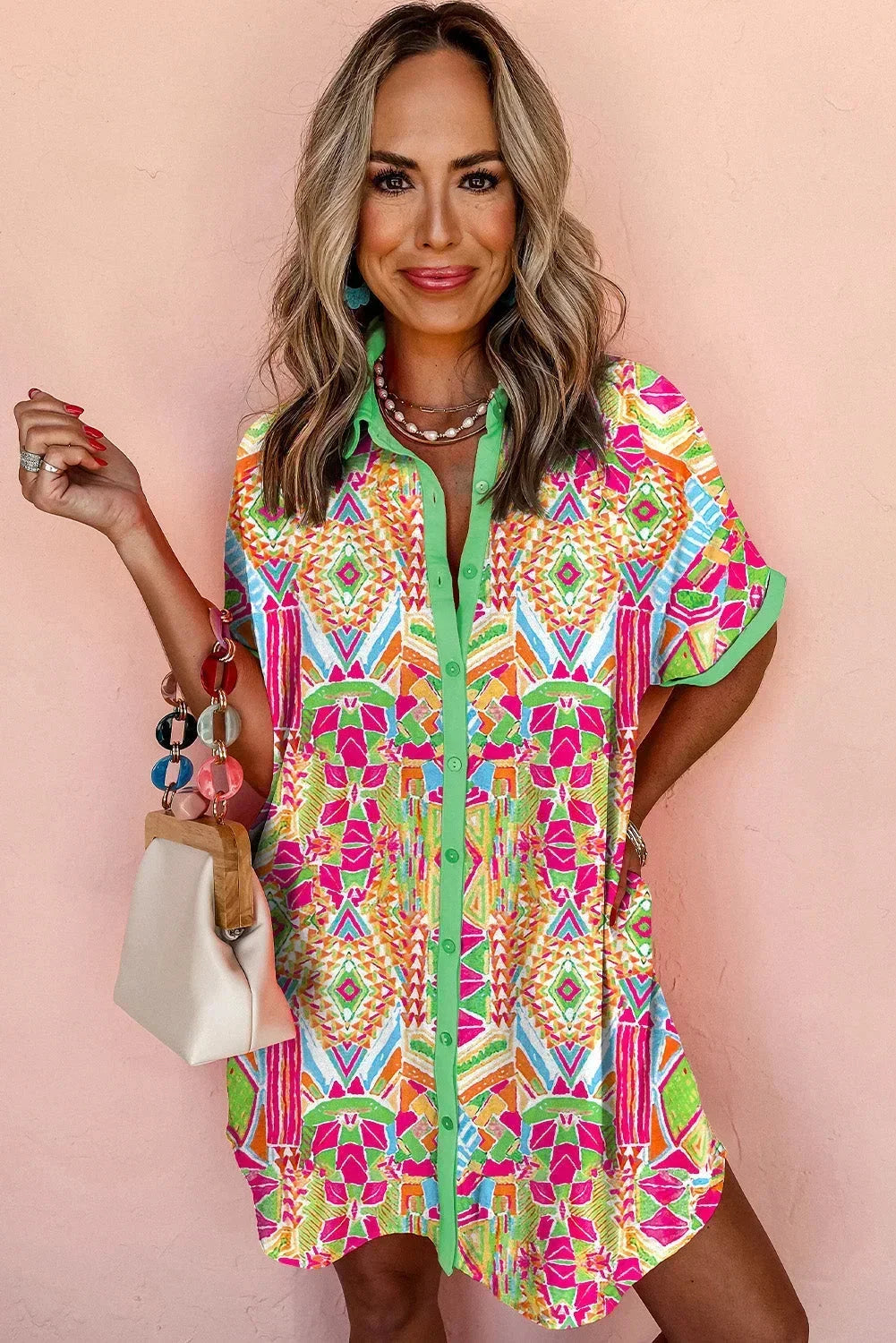 Jade | Robe Chemise Courte Boutonnée Géométrique Femme