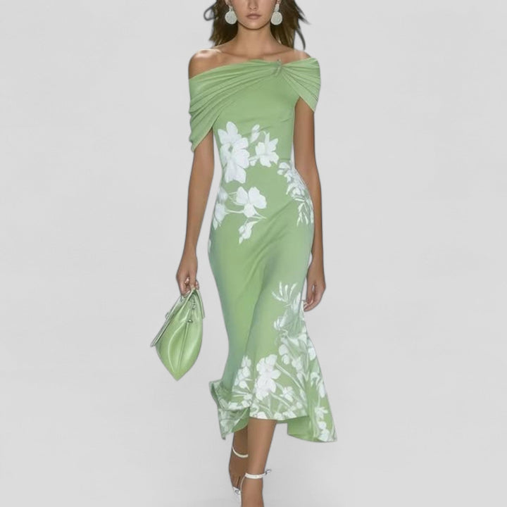 Jade | Robe Midi Fleurie Épaules Dénudées