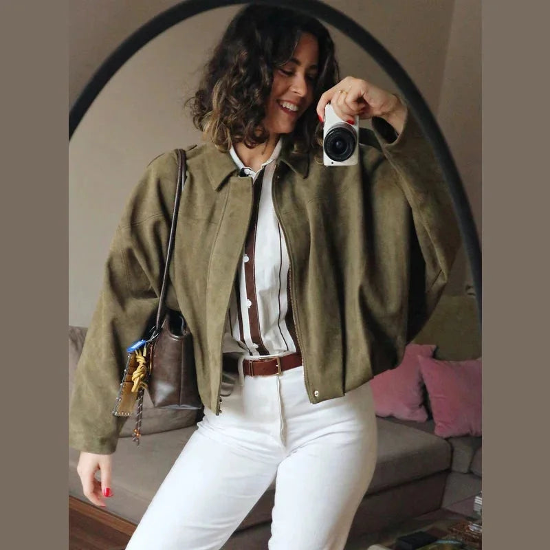Jessie | Blouson Bomber Noir Oversize Zippé Manches Longues