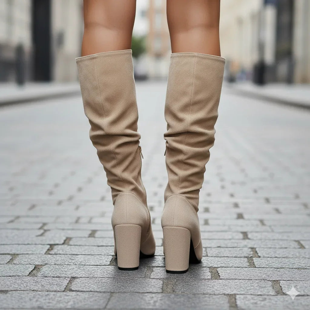 Juliette | Bottes Hautes Femme Daim Beige Talon Carré