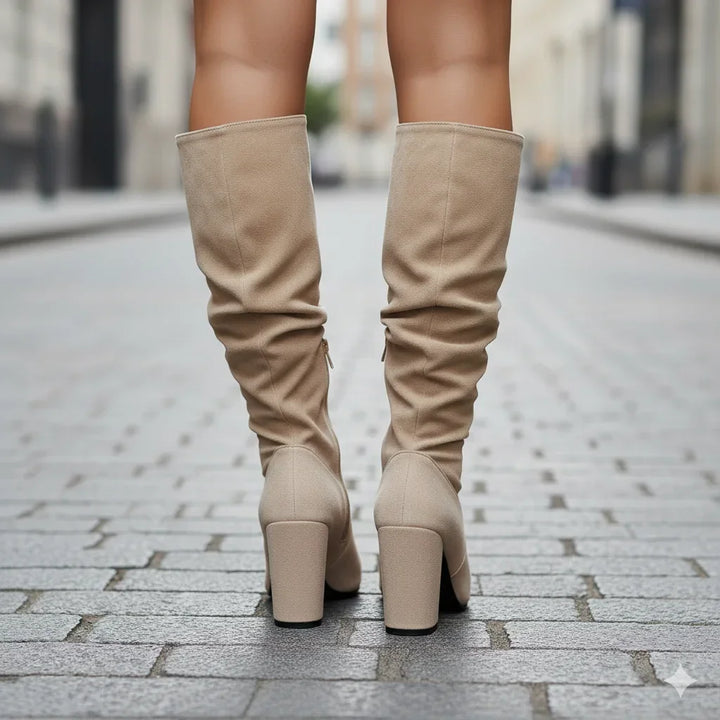 Juliette | Bottes Hautes Femme Daim Beige Talon Carré
