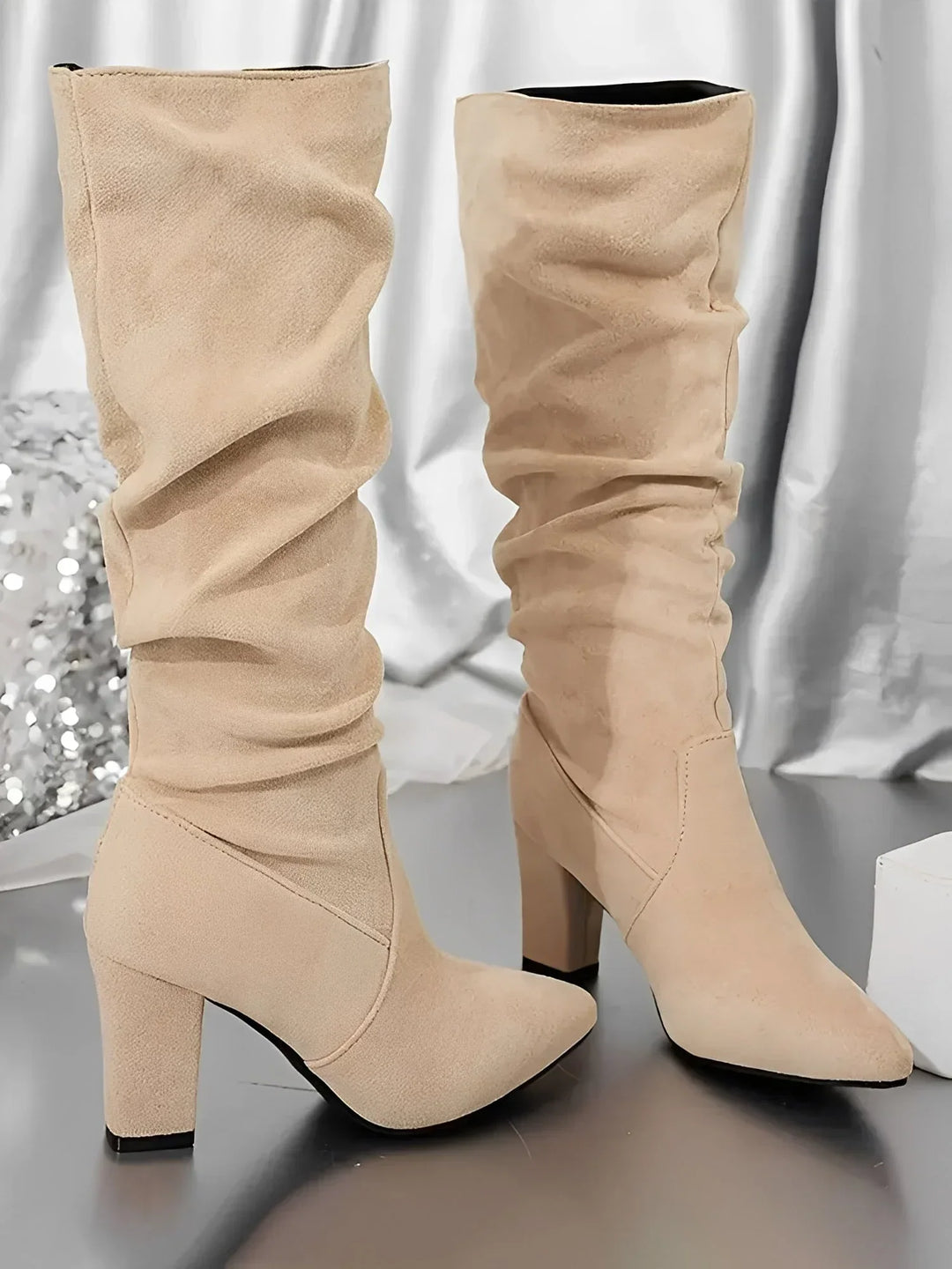 Juliette | Bottes Hautes Femme Daim Beige Talon Carré