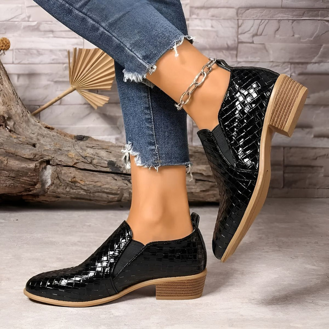 Juliette | Mocassins Femme Cuir Verni Noir à Talon Bloc