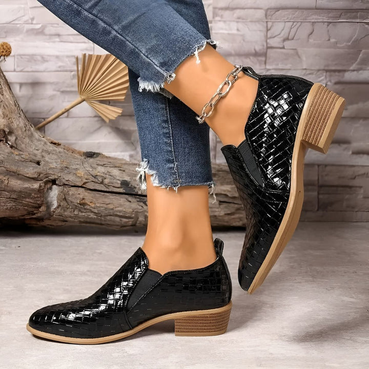 Juliette | Mocassins Femme Cuir Verni Noir à Talon Bloc