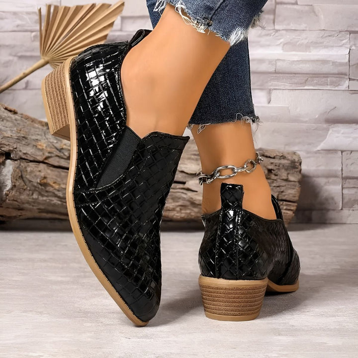 Juliette | Mocassins Femme Cuir Verni Noir à Talon Bloc
