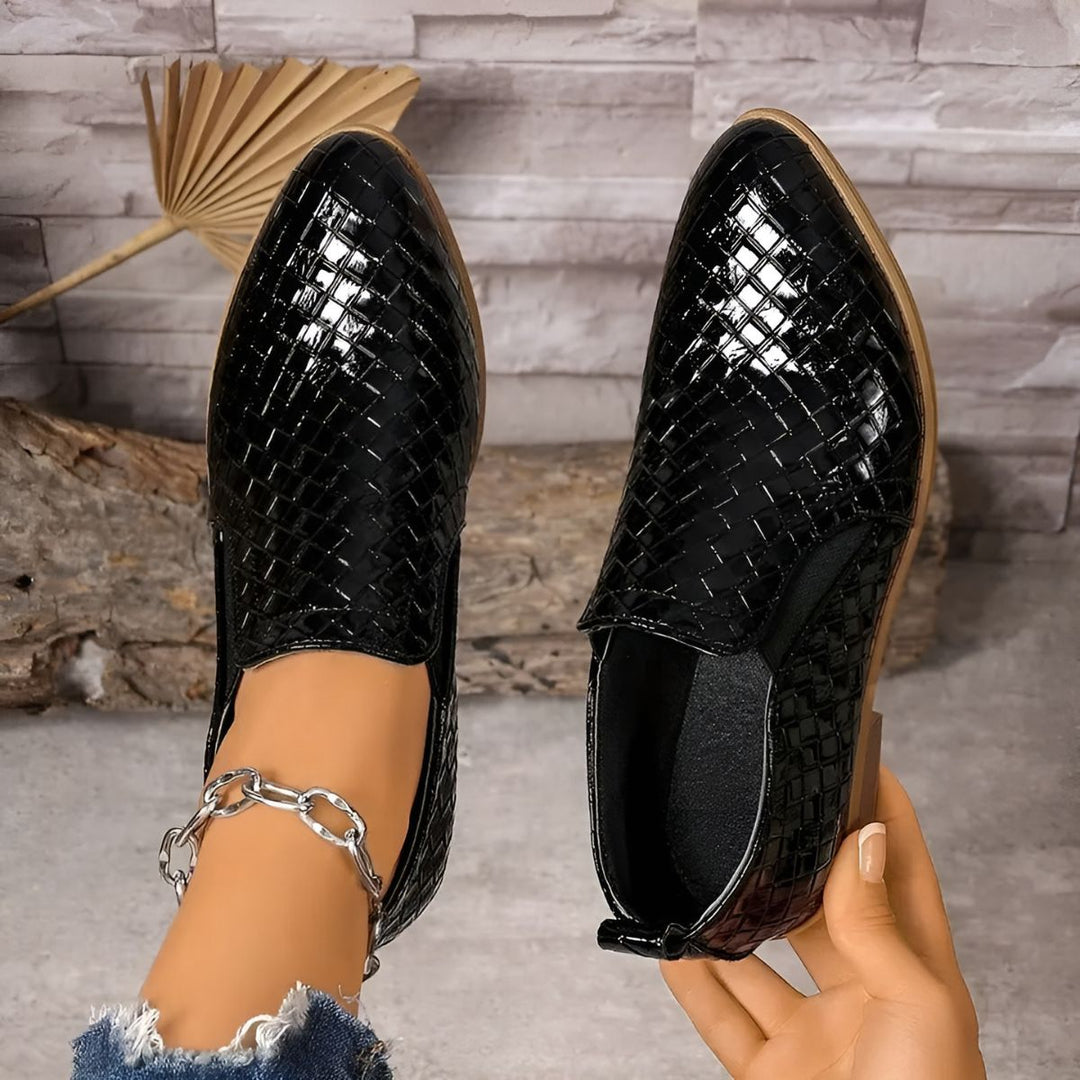 Juliette | Mocassins Femme Cuir Verni Noir à Talon Bloc