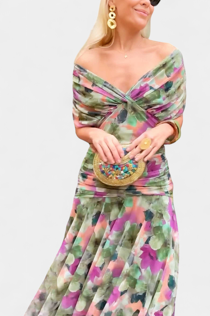 Laura | Robe Midi Fleurie Évasée Épaules Dénudées