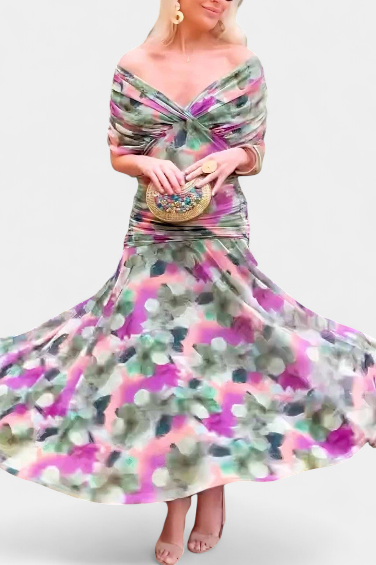 Laura | Robe Midi Fleurie Évasée Épaules Dénudées