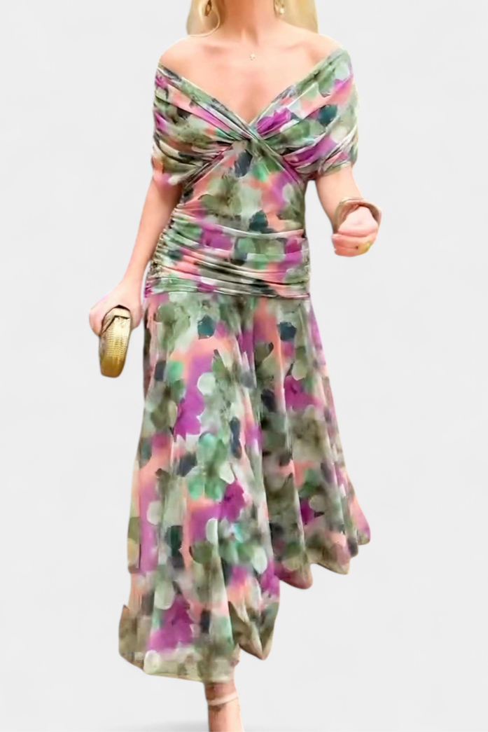 Laura | Robe Midi Fleurie Évasée Épaules Dénudées