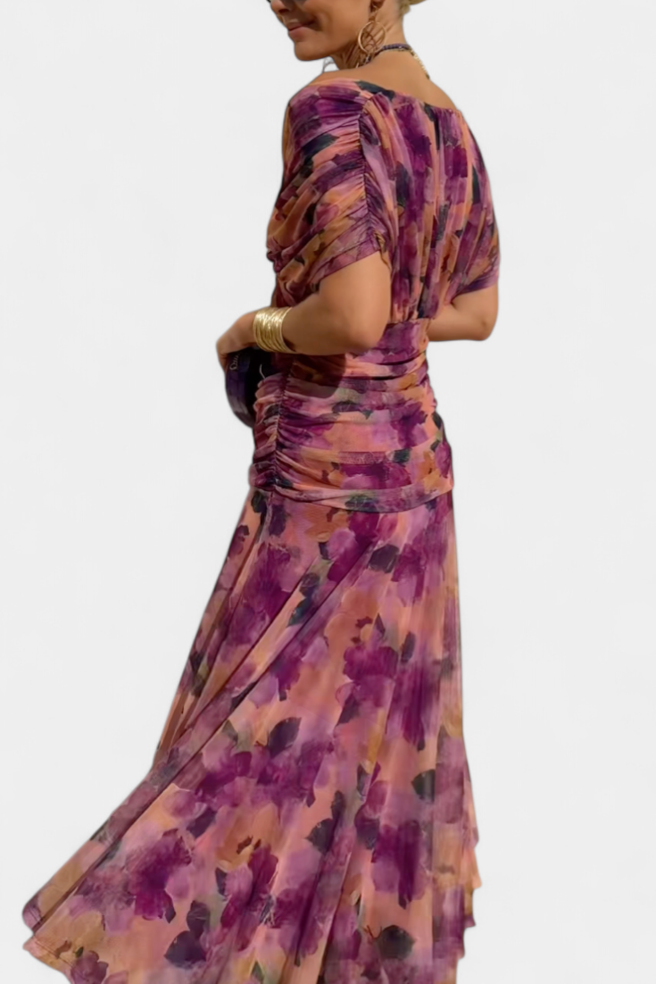 Laura | Robe Midi Fleurie Évasée Épaules Dénudées