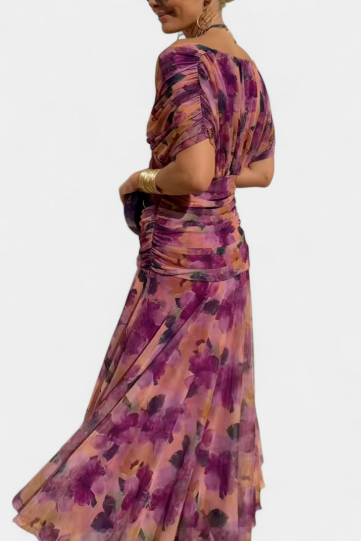Laura | Robe Midi Fleurie Évasée Épaules Dénudées