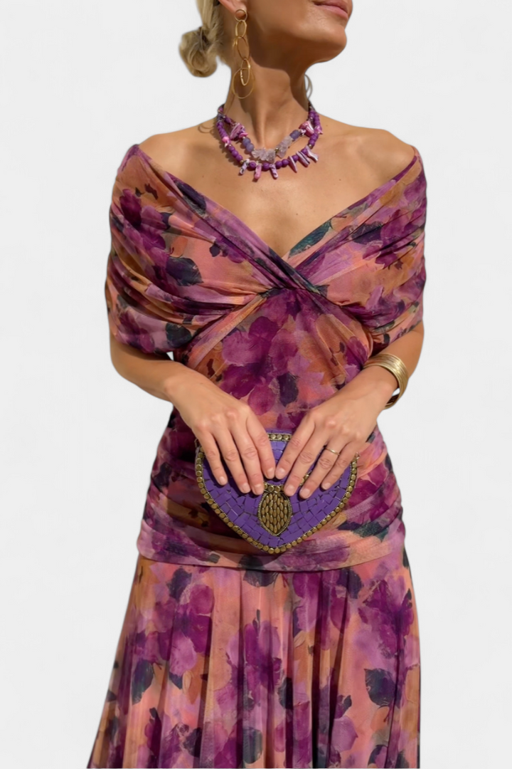 Laura | Robe Midi Fleurie Évasée Épaules Dénudées