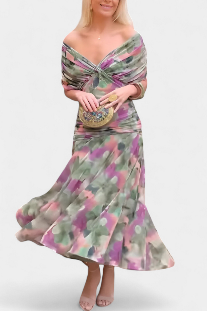 Laura | Robe Midi Fleurie Évasée Épaules Dénudées