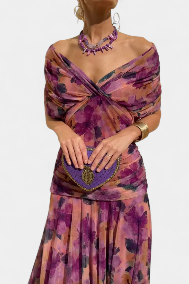 Laura | Robe Midi Fleurie Évasée Épaules Dénudées