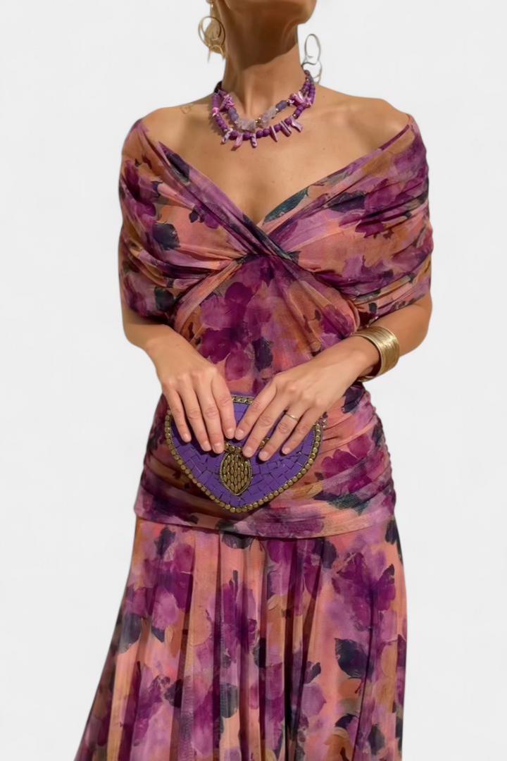 Laura | Robe Midi Fleurie Évasée Épaules Dénudées
