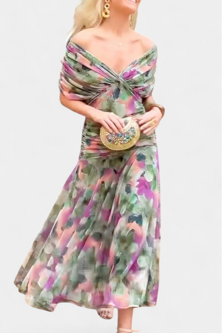 Laura | Robe Midi Fleurie Évasée Épaules Dénudées