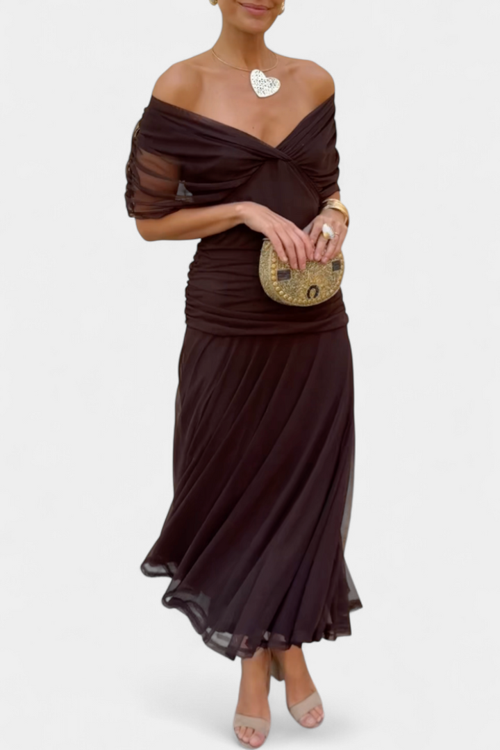 Laura | Robe Midi Fleurie Évasée Épaules Dénudées