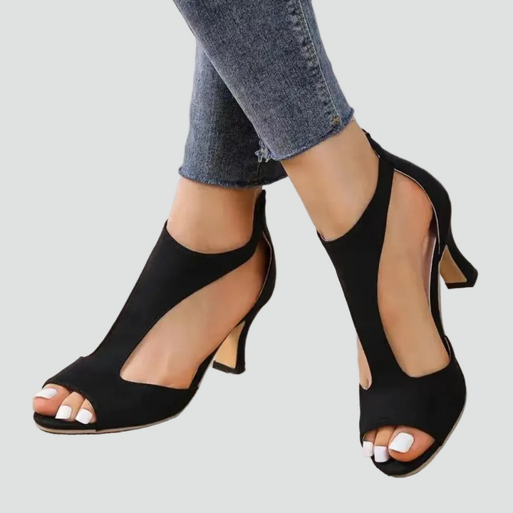 Laura | Sandales Noires à Talon Bloc Bride Cheville Femme