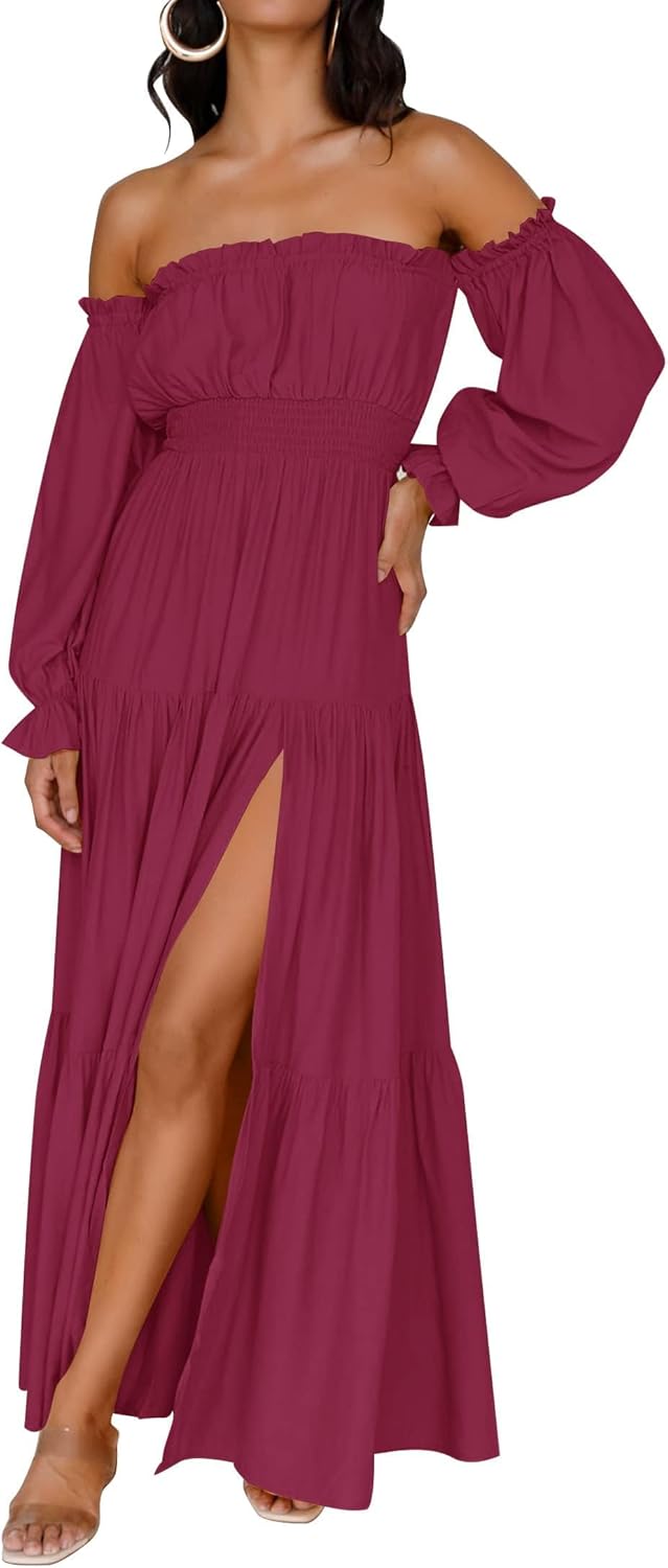 Laure | Robe Longue Bordeaux Épaules Dénudées Manches Bouffantes