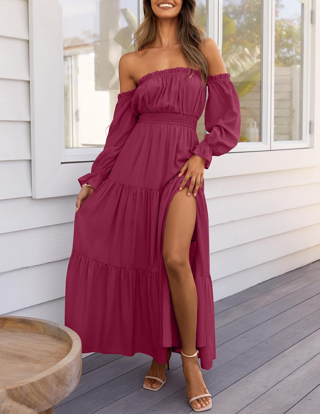 Laure | Robe Longue Bordeaux Épaules Dénudées Manches Bouffantes