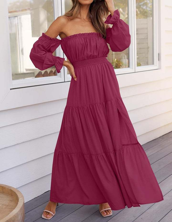 Laure | Robe Longue Bordeaux Épaules Dénudées Manches Bouffantes