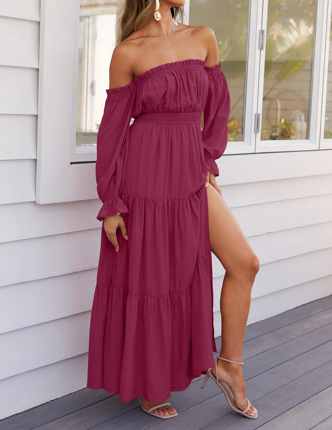 Laure | Robe Longue Bordeaux Épaules Dénudées Manches Bouffantes