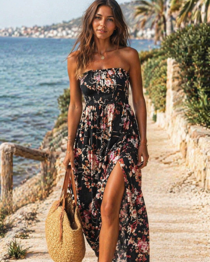 Laure | Robe Longue Bustier Fleurie Bleue Fendue