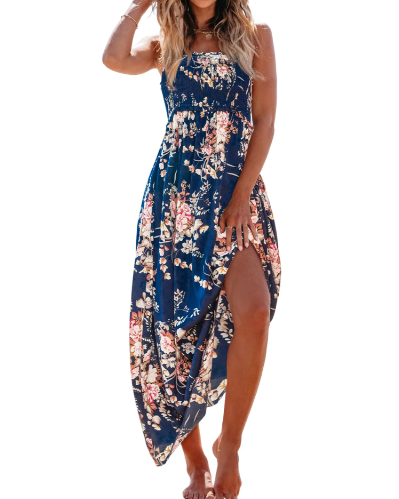 Laure | Robe Longue Bustier Fleurie Bleue Fendue