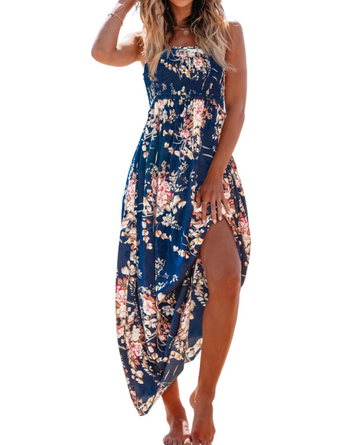 Laure | Robe Longue Bustier Fleurie Bleue Fendue
