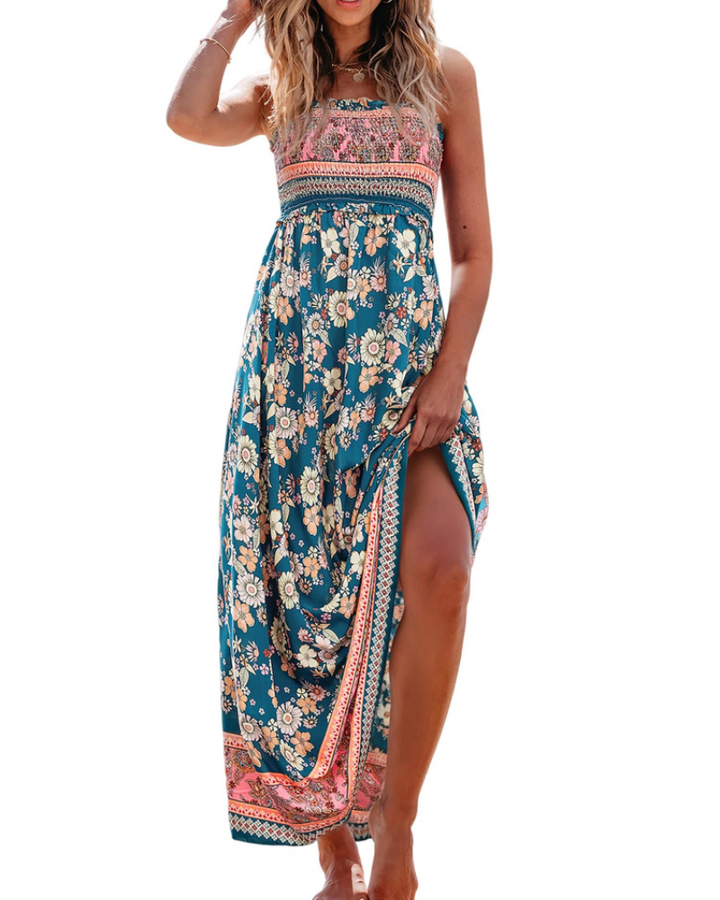 Laure | Robe Longue Bustier Fleurie Bleue Fendue