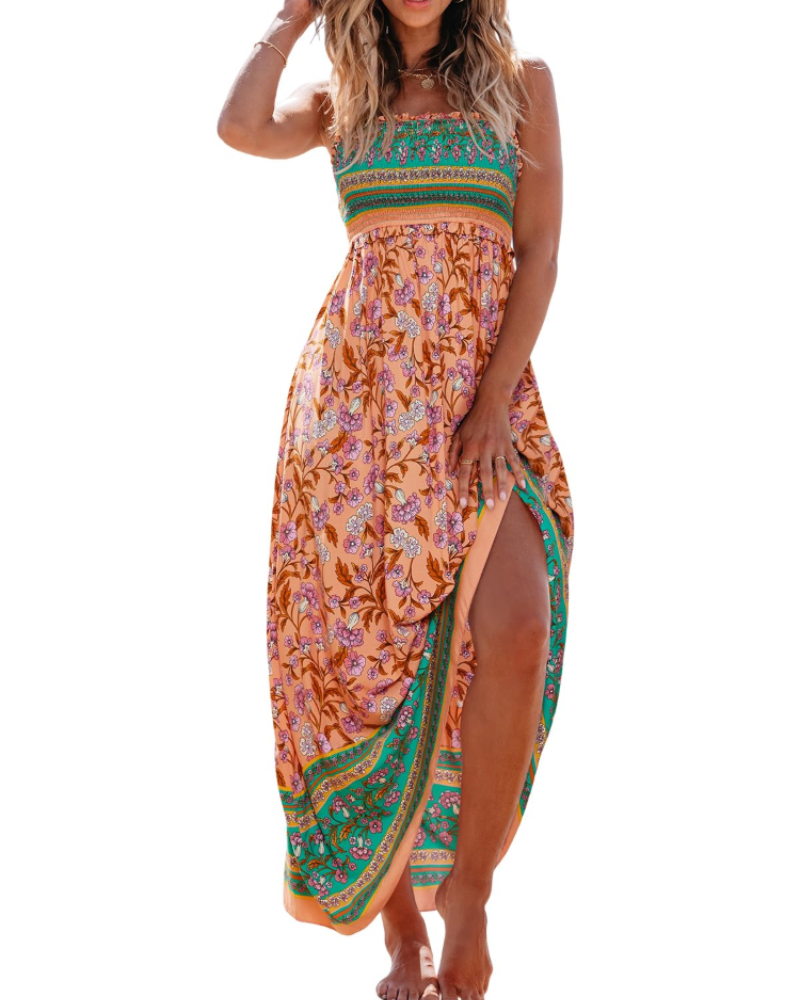 Laure | Robe Longue Bustier Fleurie Bleue Fendue