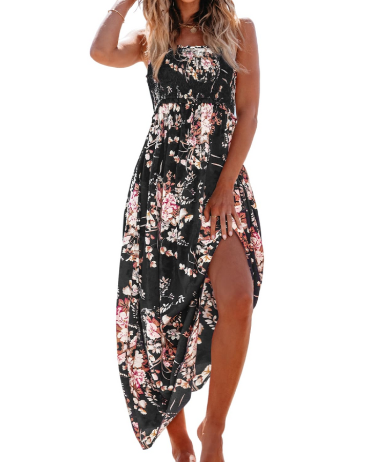 Laure | Robe Longue Bustier Fleurie Bleue Fendue