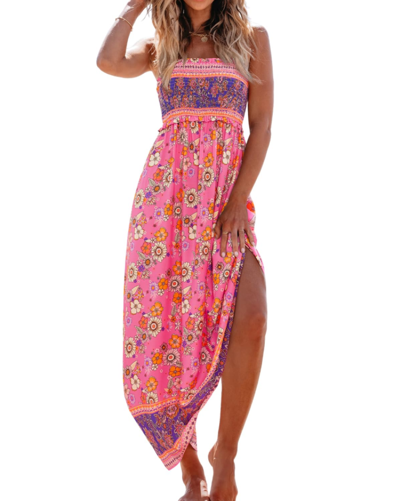 Laure | Robe Longue Bustier Fleurie Bleue Fendue