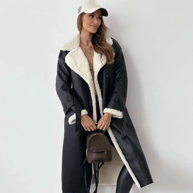 Laurie | Manteau Long Femme Simili Cuir Ceinturé Oversize