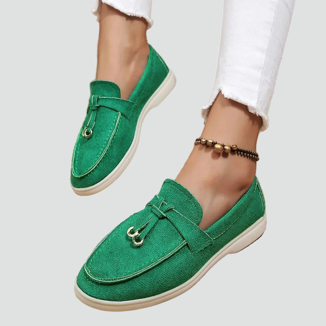 Laurie | Mocassins Plats Femme Daim Blanc à Pompons
