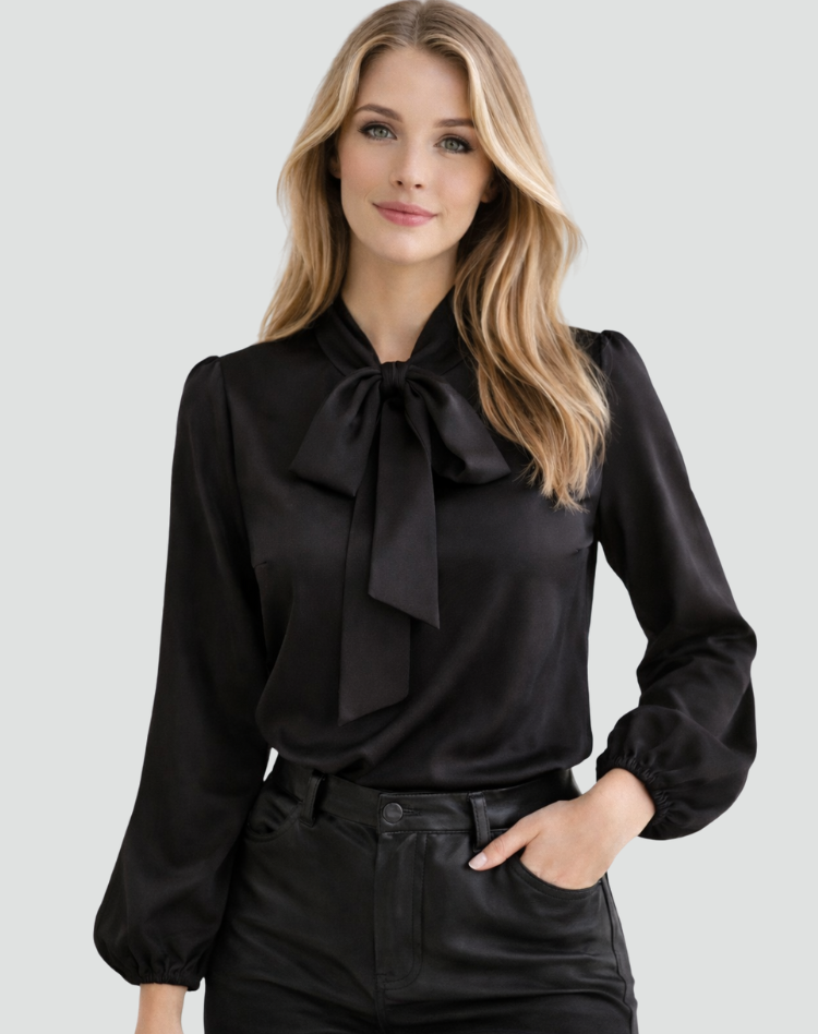 Léa | Blouse Femme Satin Vert Manches Longues Col Nœud