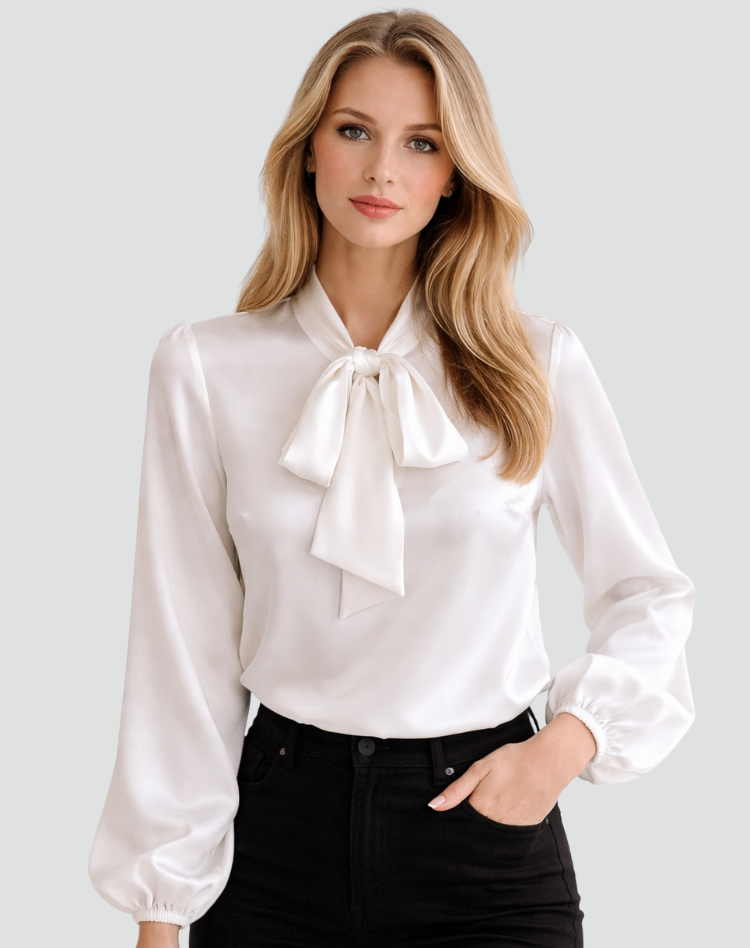Léa | Blouse Femme Satin Vert Manches Longues Col Nœud