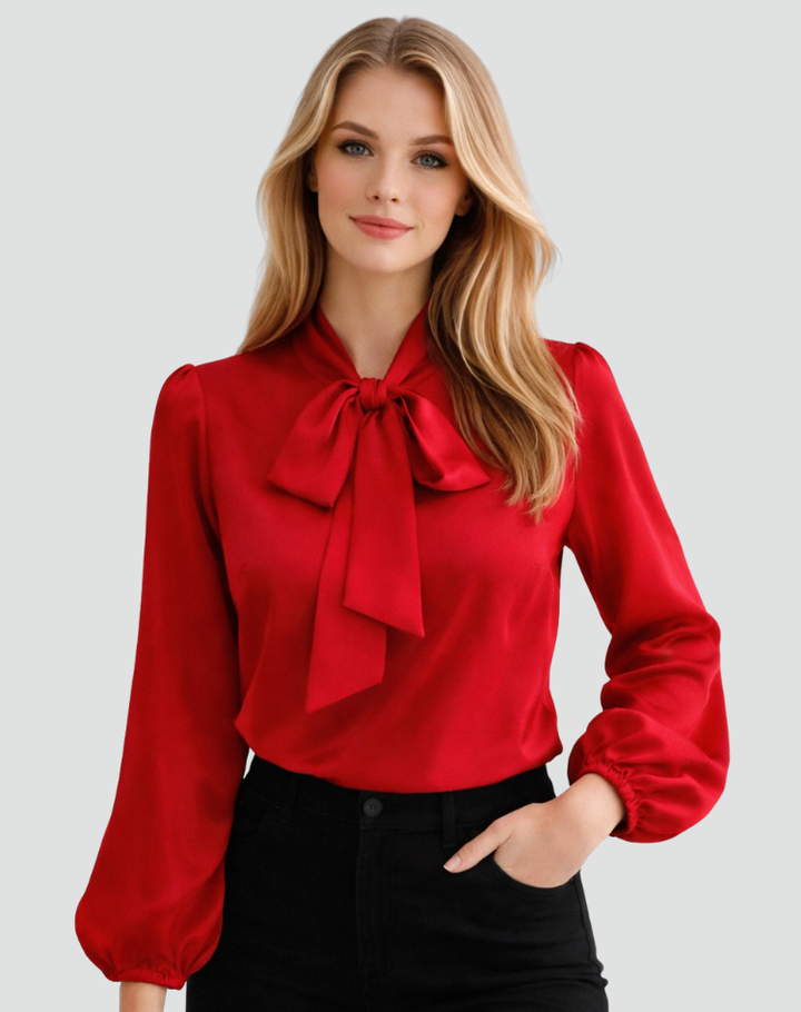 Léa | Blouse Femme Satin Vert Manches Longues Col Nœud