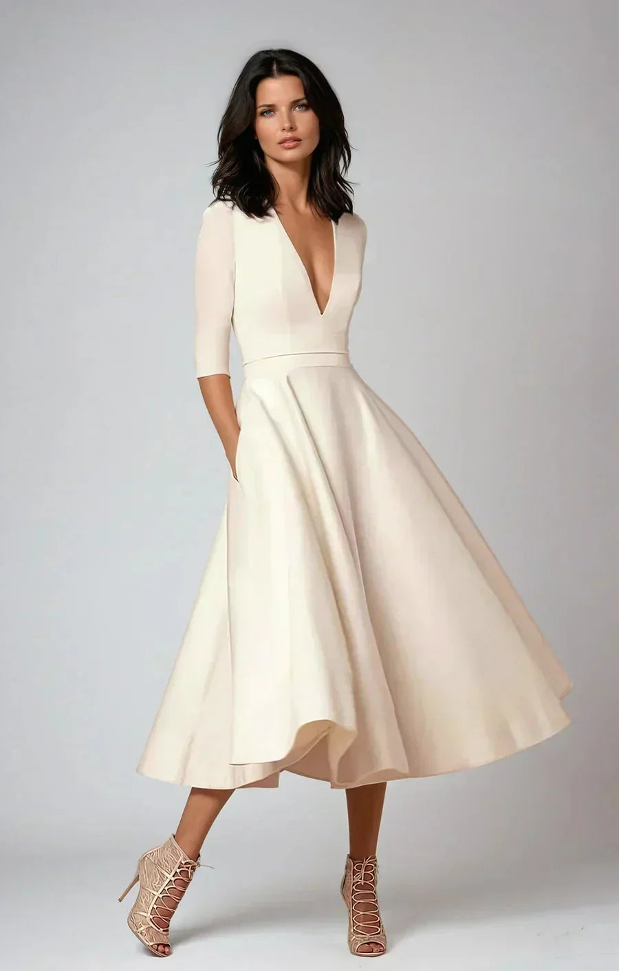 Léa | Robe Midi Col V Ivoire Femme
