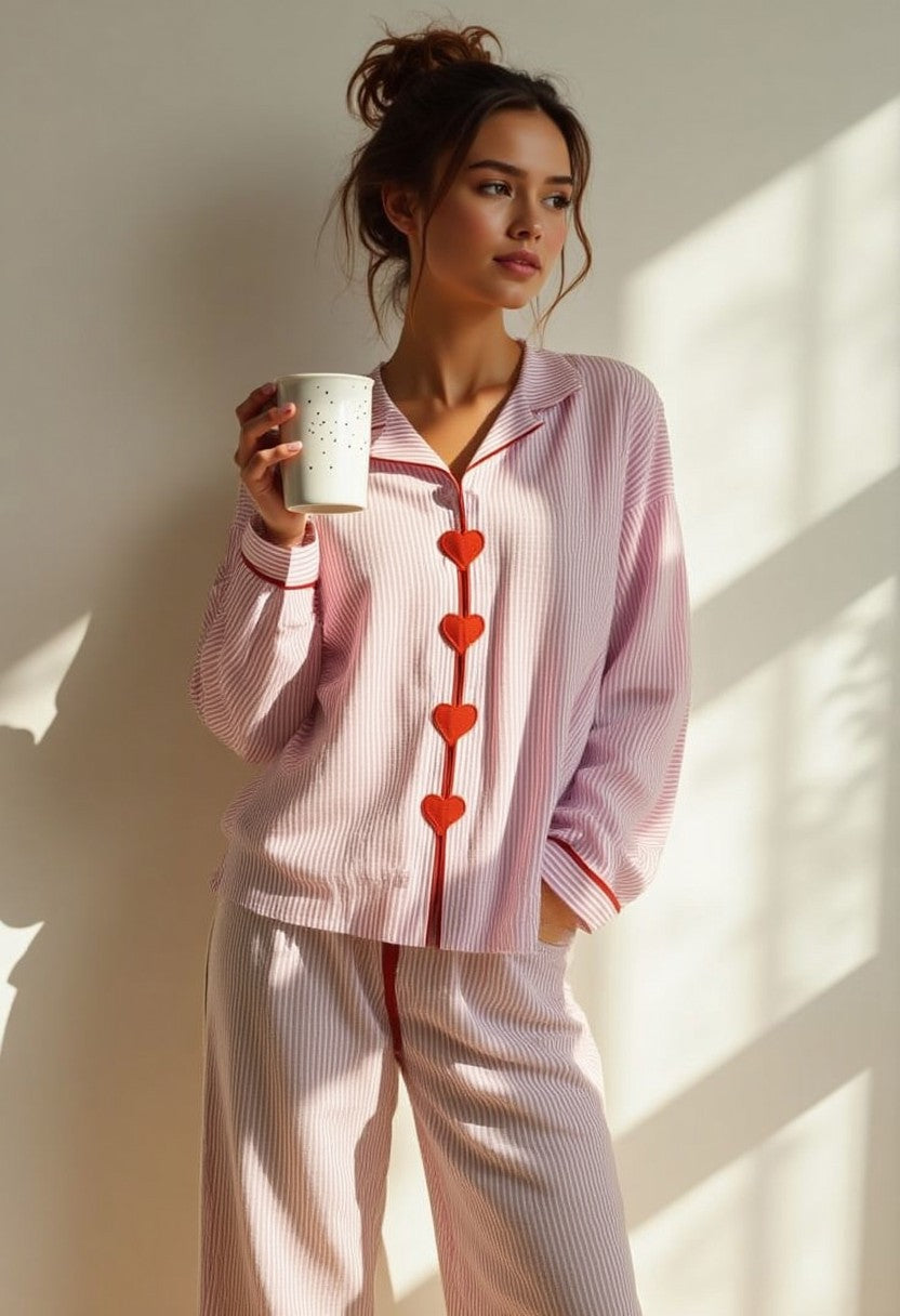 Héloïse | Pyjama Femme Rayé Col Boutons Cœur