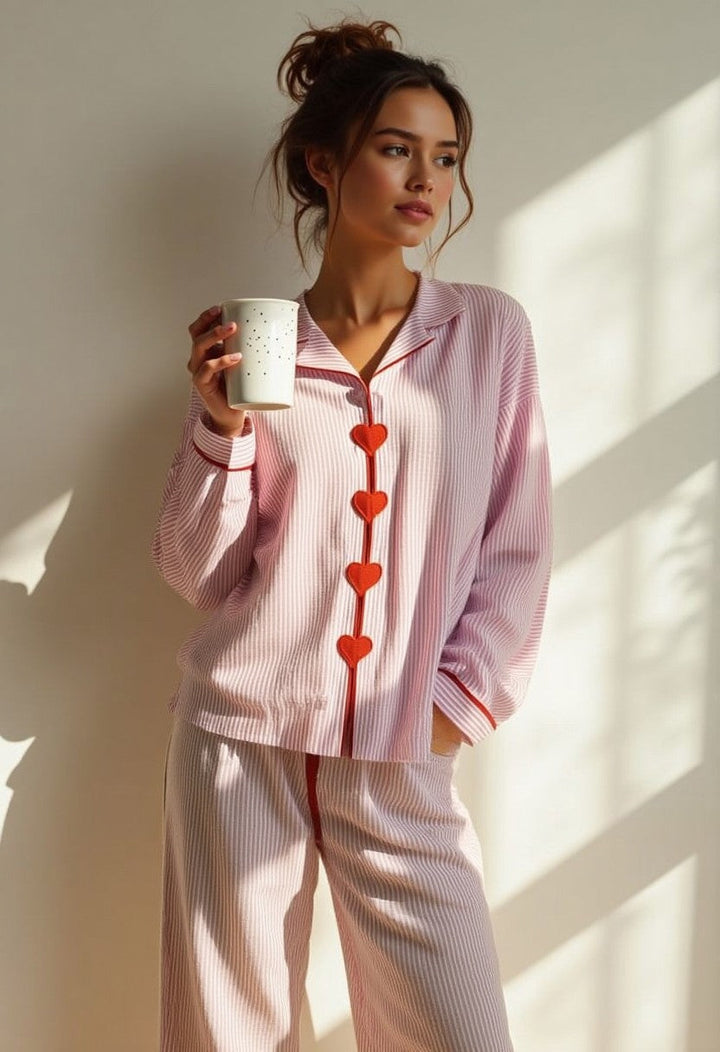 Héloïse | Pyjama Femme Rayé Col Boutons Cœur