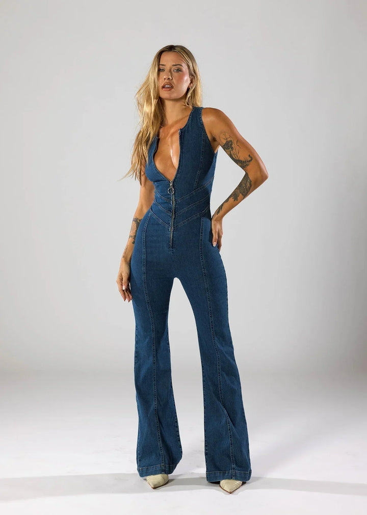 Lola | Combinaison Jean Femme Flare Décolleté