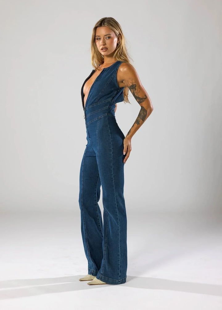 Lola | Combinaison Jean Femme Flare Décolleté