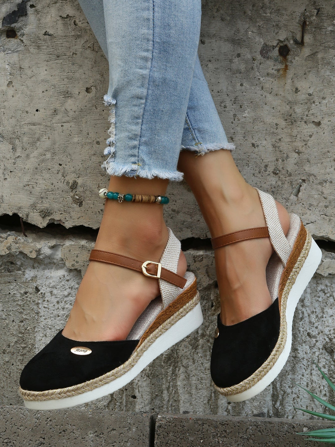 Lola | Espadrilles Compensées Femme Daim Marron Bride Cheville