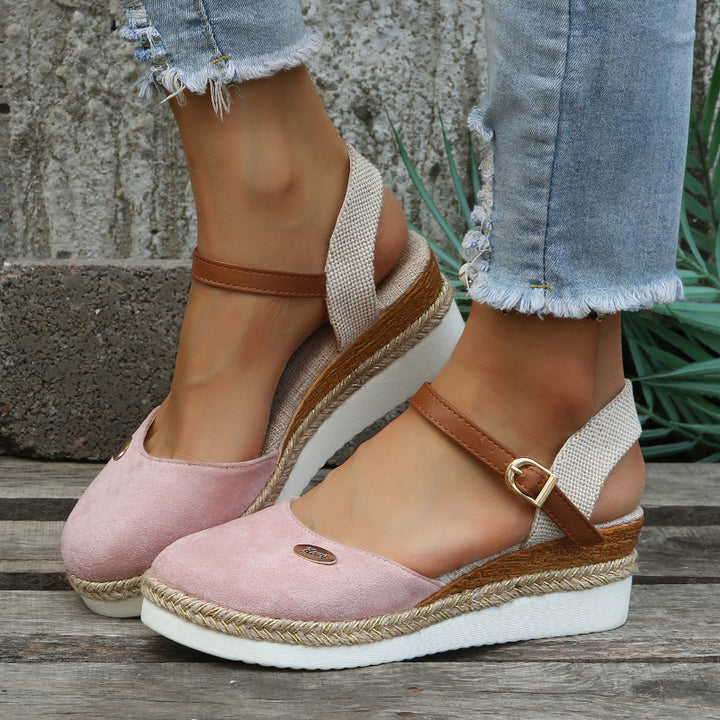 Lola | Espadrilles Compensées Femme Daim Marron Bride Cheville
