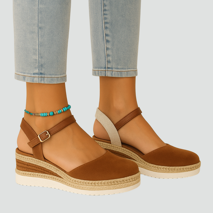 Lola | Espadrilles Compensées Femme Daim Marron Bride Cheville