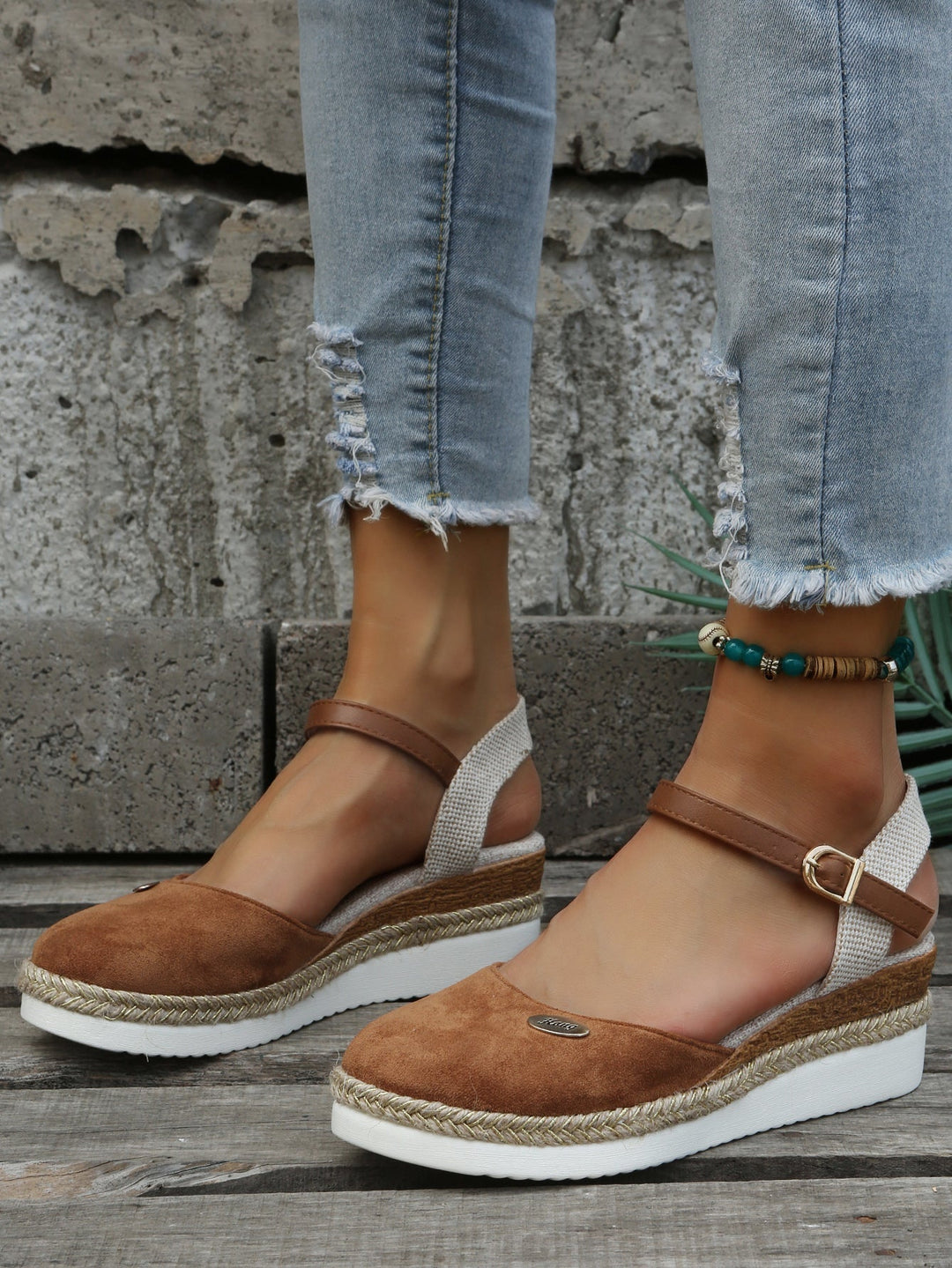 Lola | Espadrilles Compensées Femme Daim Marron Bride Cheville