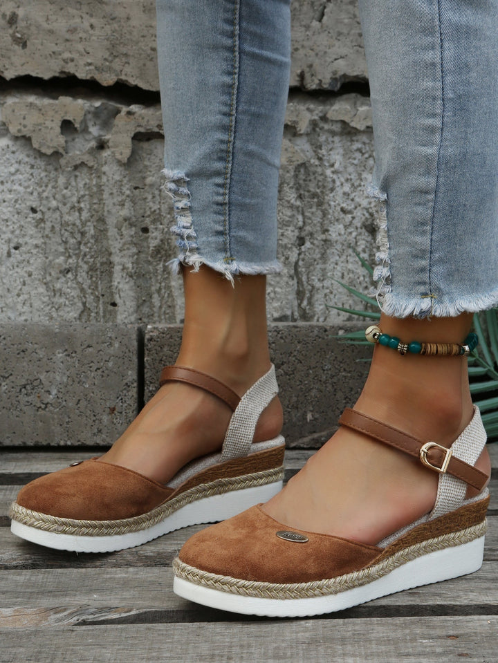 Lola | Espadrilles Compensées Femme Daim Marron Bride Cheville